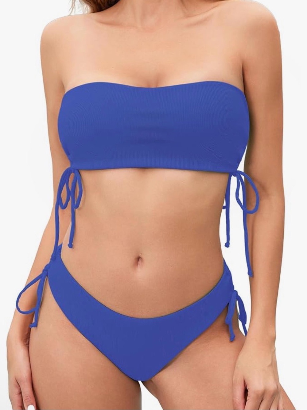Drawstring Side Tie Ribbed Bikini Set – 2-Piece Strapless Top & Triangle Bottom